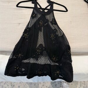 Free People Black Sheer Halter Top with Gold Details